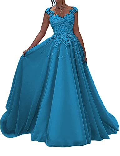 Spitzen Ballkleid Lang A-Linie Prinzessin Abendkleid für Hochzeit Damen Tüll Abiballkleid Ärmellose V-Ausschnitt Meerblau 38 von HUINI