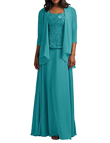 Zweiteilig Mutter der Braut Kleider Langarm Spitzen Abendkleider Elegant Festliche Partykleid Hochzeitsgast Kleid mit Jacke Jade 46 von HUINI