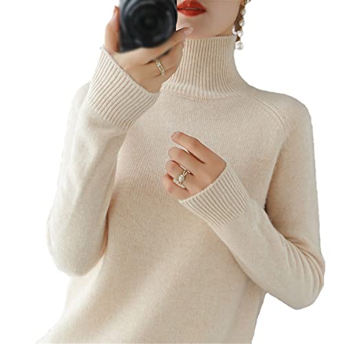 BeerMmay Damen Rollkragenpullover aus Kaschmirwolle für Herbst und Winter, einfarbig, Strickpullover, leger, Basic-Pullover, beige, S von BeerMmay