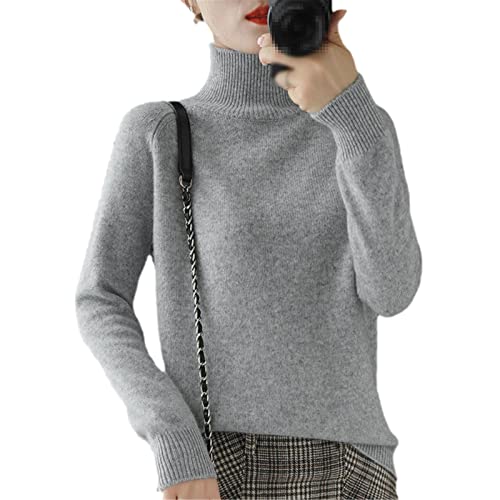 BeerMmay Damen Rollkragenpullover aus Kaschmirwolle für Herbst und Winter, einfarbig, Strickpullover, leger, Basic-Pullover, grau, S von BeerMmay