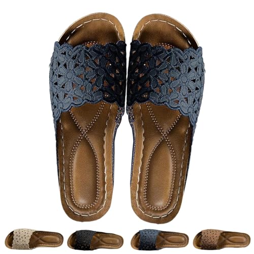 Comfort Orthopedic Wedge Sandals for Women, Hollow Arch Support Dress Sandal, Wide Fit Summer Slides Fashion Flower Beach Sandals (Blue,40) von HUIQINGLI