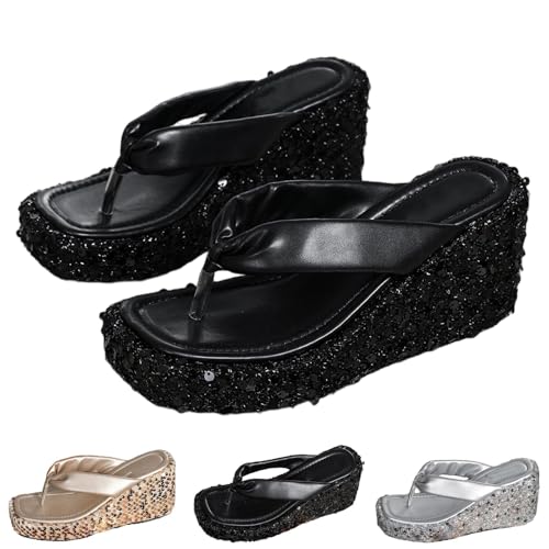 HUIQINGLI Arch Support Flip Flops, 2025 New Comfortable Open Toe Sequins Beach Platform Flip Flops Sandals For Women (Black,40) von HUIQINGLI