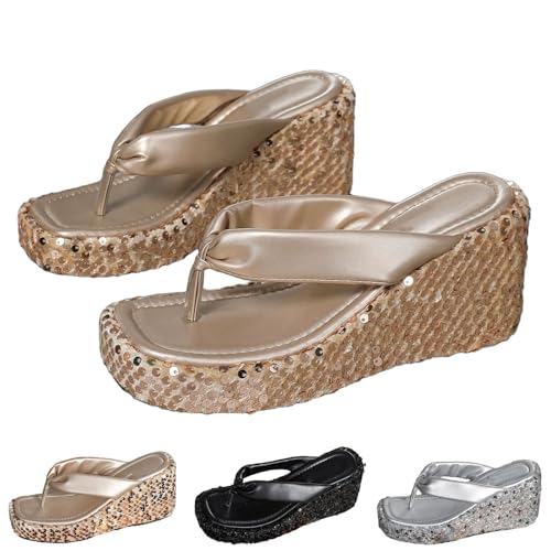 HUIQINGLI Arch Support Flip Flops, 2025 New Comfortable Open Toe Sequins Beach Platform Flip Flops Sandals For Women (Gold,38) von HUIQINGLI