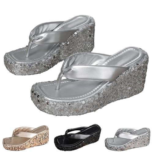 HUIQINGLI Arch Support Flip Flops, 2025 New Comfortable Open Toe Sequins Beach Platform Flip Flops Sandals For Women (Silver,41) von HUIQINGLI