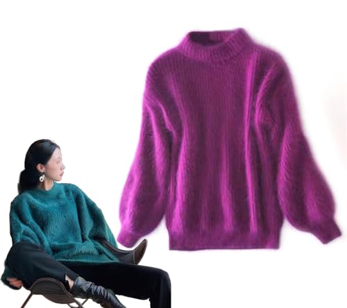 HUIQINGLI Damen-Winterpullover aus Angora-Kaschmir-Mischung, lockerer, Warmer Pullover, Flauschiger Plüschpullover, lockerer, einfarbiger Strickpullover mit Rundhalsausschnitt (Lila,Einheitsgröße) von HUIQINGLI