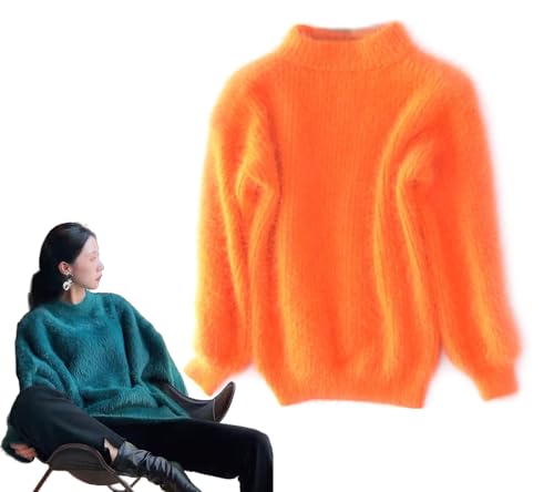 HUIQINGLI Damen-Winterpullover aus Angora-Kaschmir-Mischung, lockerer, Warmer Pullover, Flauschiger Plüschpullover, lockerer, einfarbiger Strickpullover mit Rundhalsausschnitt (Orange,Einheitsgröße) von HUIQINGLI