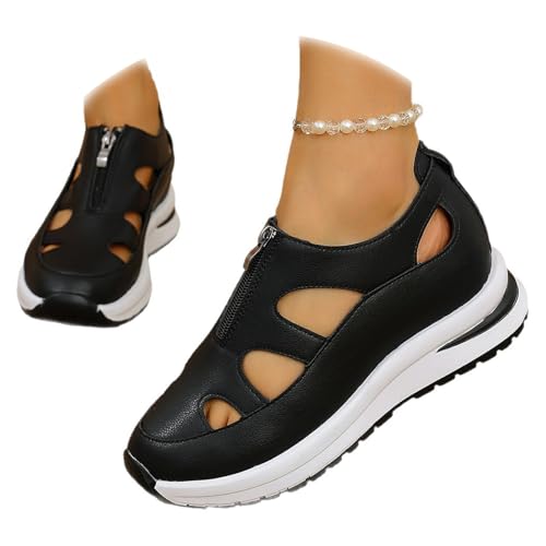 HUIQINGLI Women's Front Zipper Soft Bottom Wedge Sandals, Hollow Out Breathable Platform WedgeSandals Sneakers, Leather Closed Toe Comfortable Casual Stylish RomanSandals (Black,36) von HUIQINGLI