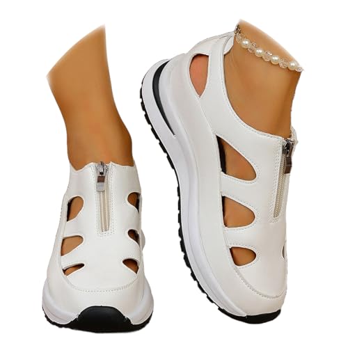 HUIQINGLI Women's Front Zipper Soft Bottom Wedge Sandals, Hollow Out Breathable Platform WedgeSandals Sneakers, Leather Closed Toe Comfortable Casual Stylish RomanSandals (White,39) von HUIQINGLI