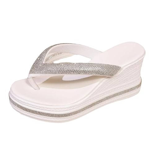 HUIQINGLI Women's Rhinestone Lightweight Comfortable Non-Slip Wedge Sandals, Sparkly Wedge Flip Flops with Arch Support, Relief Walking Comfortable Shoes (White,36) von HUIQINGLI