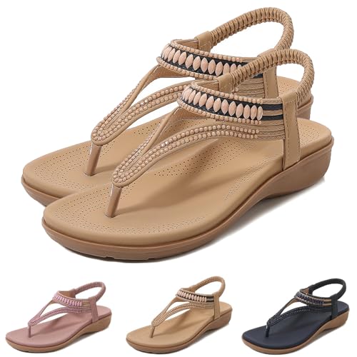 HUIQINGLI Women's T-Strap Flat Sandals With Sparkling Rhinestones, 2025 New Summer Bohemia Elastic Ankle T-Strap Thong Flip Flops (Beige,40) von HUIQINGLI