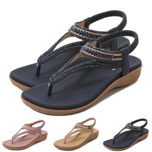 HUIQINGLI Women's T-Strap Flat Sandals With Sparkling Rhinestones, 2025 New Summer Bohemia Elastic Ankle T-Strap Thong Flip Flops (Black,40) von HUIQINGLI