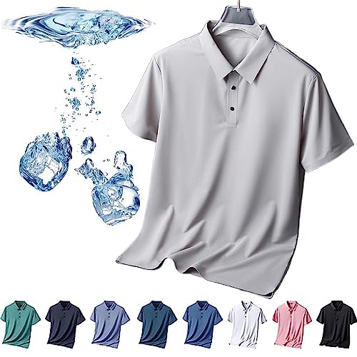 Herren-Poloshirt aus Eisseide, kurzärmelig, kühles Gefühl, schnell trocknendes Kurzarm-Poloshirt aus Eisseide, atmungsaktiv, spurlos, Anti-Falten-Poloshirt für Herren (Grau,3XL) von HUIQINGLI