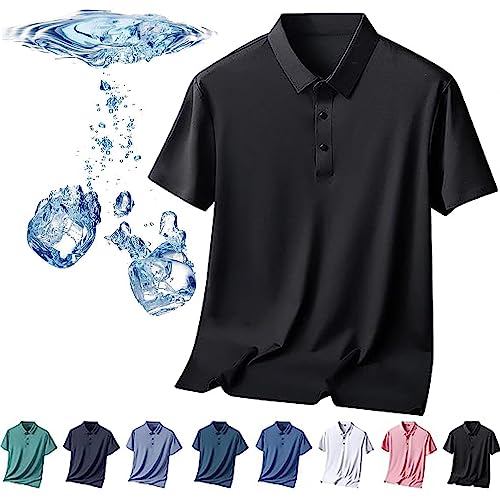 Herren-Poloshirt aus Eisseide, kurzärmelig, kühles Gefühl, schnell trocknendes Kurzarm-Poloshirt aus Eisseide, atmungsaktiv, spurlos, Anti-Falten-Poloshirt für Herren (Schwarz,XL) von HUIQINGLI