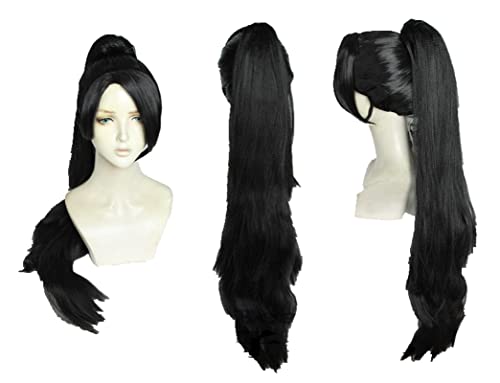 HBYLEE Wig Anime Cosplay Perücke Cosplay Spiel Valorant Sage Kostüm Main Peran Halloween Rambut Hitam Pesta Chip 80Cm Ekor Kuda + Topi Perücke[Farbe:nach Plan] von HUISNE