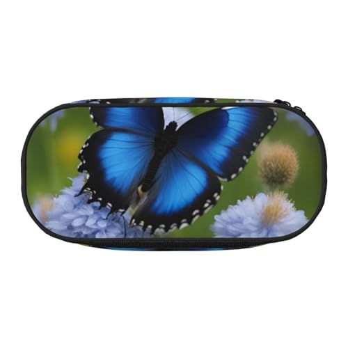 HUIopq Federmäppchen mit blauem Schmetterlings-Aufdruck, großes Fassungsvermögen, vielseitiges Federmäppchen, Schule, Büro, Make-up, Reisezubehör, Schwarz , Einheitsgröße, Taschen-Organizer von HUIopq