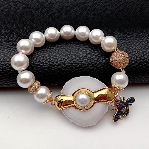 HUJWLBWF 12mm White Sea Shell Pearl Bracelet 35x43mm White Quartz Slice Pave Insect Charm Design Jewelry HUJWLBWF 12mm White Sea Shell Pearl Bracelet 35x43mm White Quartz Slice Pave Insect Charm Design Jewelry von HUJWLBWF