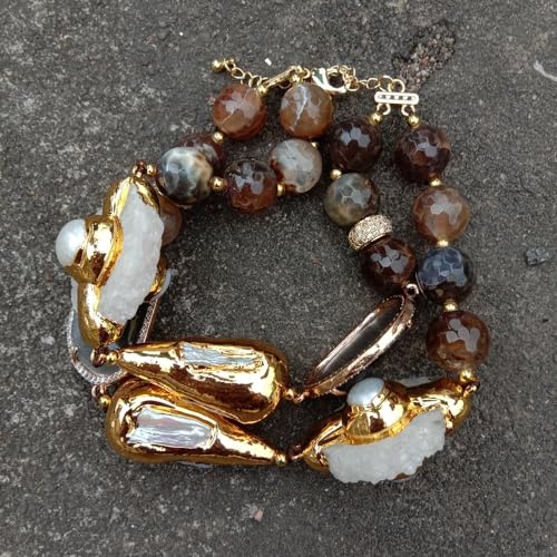 HUJWLBWF 2 Strands 12mm Brown Agate White Biwa Pearl Cat Eye 25mm Quartz Slice Beaded Bracelet Fashion Jewelry HUJWLBWF 2 Strands 12mm Brown Agate White Biwa Pearl Cat Eye 25mm Quartz Slice Beaded Bracelet Fashion Jewelry von HUJWLBWF