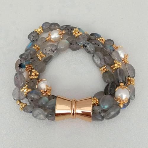 HUJWLBWF 4 Strands Freeform Labradorite Cultured White Rice Freshwater Pearl Bracelet 8.5" magnet clasp for women HUJWLBWF 4 Strands Freeform Labradorite Cultured White Rice Freshwater Pearl Bracelet 8.5" magnet clasp for women von HUJWLBWF