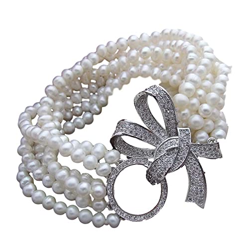 HUJWLBWF 8" 6 Strands Round Cultured White Freshwater Pearl Bracelet Cubic Zirconia Pave Clasp HUJWLBWF 8" 6 Strands Round Cultured White Freshwater Pearl Bracelet Cubic Zirconia Pave Clasp von HUJWLBWF