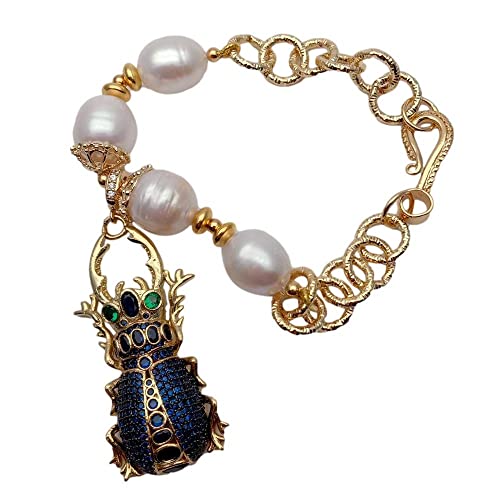 HUJWLBWF Cubic Zirconia Pave Insect Charm Freshwater Cultured White Rice Pearl Electroplated Gold Chain Bracelet 8'' HUJWLBWF Cubic Zirconia Pave Insect Charm Freshwater Cultured White Rice Pearl Electroplated Gold Chain Bracelet 8'' von HUJWLBWF