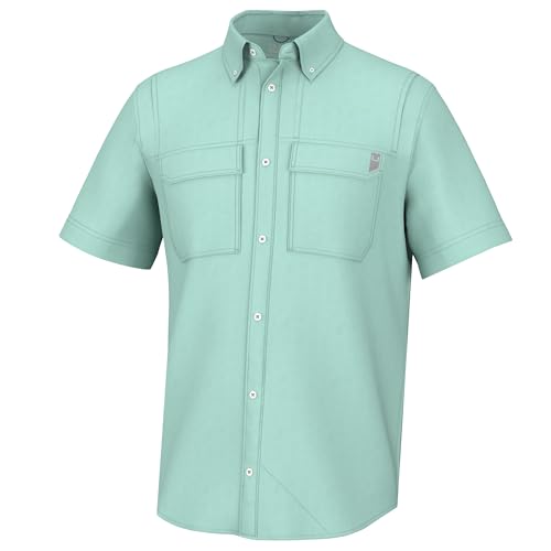 HUK Back Draft Solid Kurzarm Button-Down-Shirt, belüftetes Angelshirt für Herren Hemd Kragen, Eggsheel Blue, L von HUK
