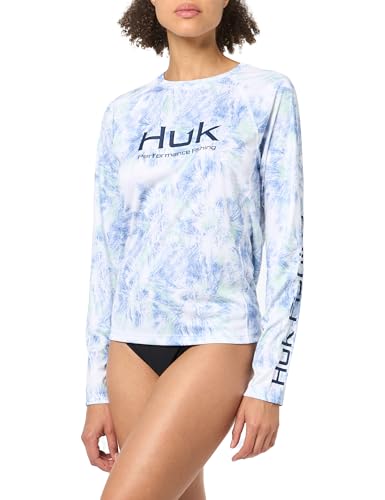 HUK Damen Pursuit gemustertes Rundhals-Shirt, Performance Hemd, Aqua Dye-Weiß, Large von HUK