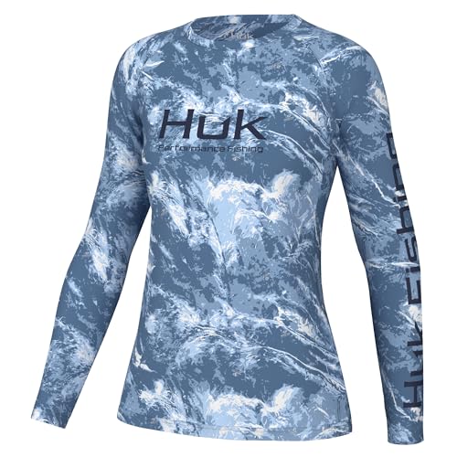 HUK Damen Pursuit gemustertes Rundhals-Shirt, Performance-Hemd, Mossy Oak Stormwater Spindrift, Groß von HUK