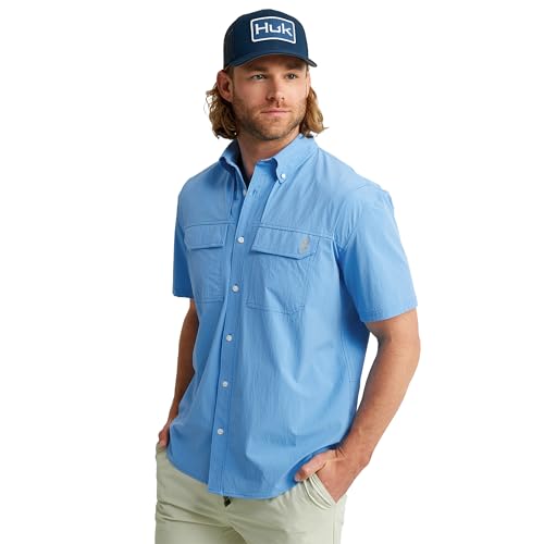 HUK Herren Back Draft Solid Kurzarm Shirt, belüftetes Angelshirt Hemd mit Button-Down-Kragen, Marolina Blue, Large von HUK