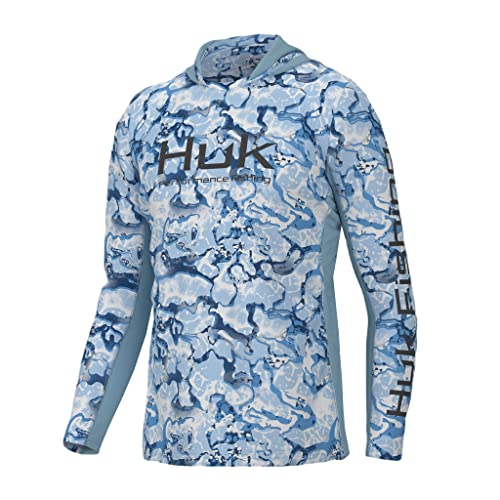 HUK Herren Icon X Pattern Hoodie Angelshirt mit Sonnenschutz Hemd, Inside Reef-Azure Blue, Large von HUK