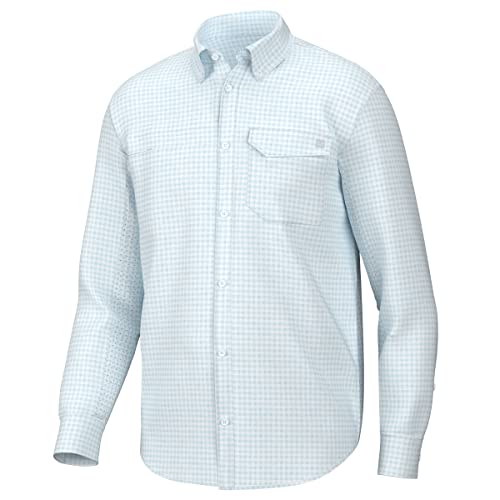 HUK Herren Langarmshirt mit Gezeiten-Punktmuster, Angel-Knopf Button-Down-Shirt, Mini-Karo – Kristallblau, X-Large von HUK