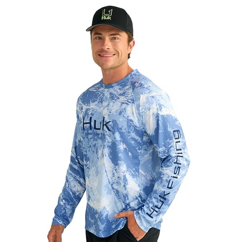 HUK Herren Pursuit Pattern Crew Sleeve Performance Shirt Hemd, Mossy Oak-Stormwater Spindrift, Large von HUK