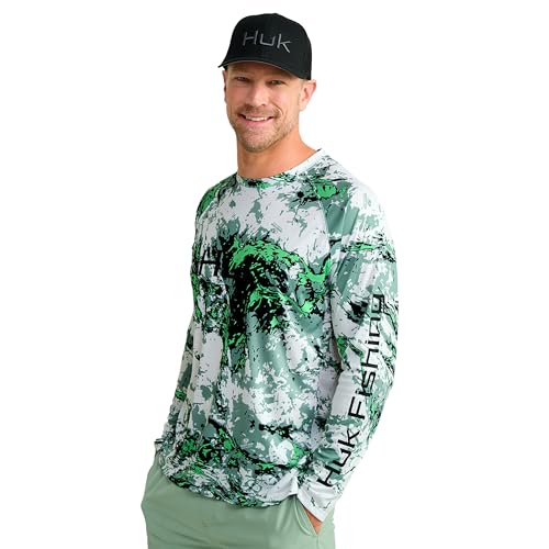 HUK Herren Standard Pursuit Pattern Crew Sleeve Performance Shirt Mossy Oak-Fog Green von HUK