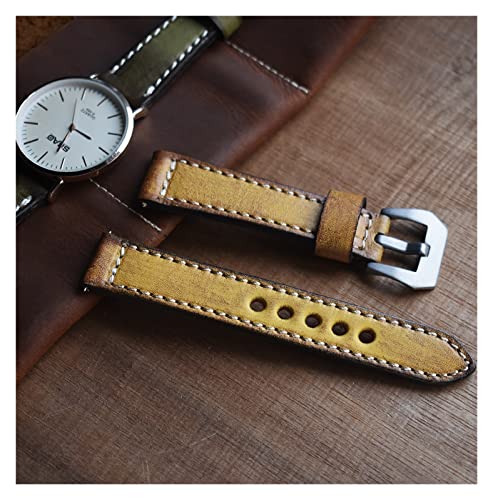 HUKILU yaoqijie Hochwertiges Echtleder-Uhrenarmband 18 mm 20 mm 22 mm 24 mm Handgefertigtes Armband Edelstahl-Schnallenarmband Kompatibel mit Panerai lasting(GELB,24mm) von HUKILU