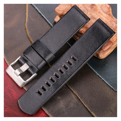 yaoqijie Handgefertigtes Rindsleder-Armband 22 mm 24 mm 26 mm Schwarz Rot Gelb Dunkelbraun Echtes Leder Uhrenarmband Damen Herren Dicker Riemen lasting(Black,22mm) von HUKILU