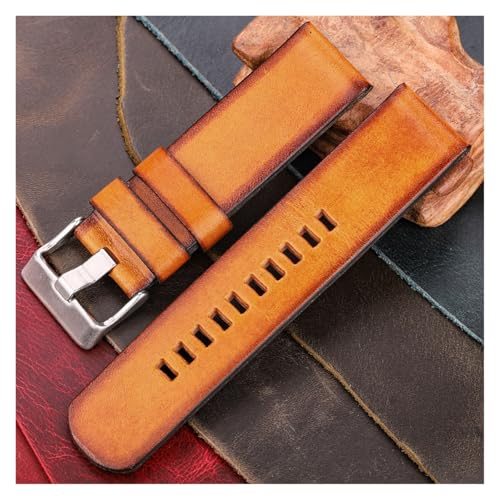 yaoqijie Handgefertigtes Rindsleder-Armband 22 mm 24 mm 26 mm Schwarz Rot Gelb Dunkelbraun Echtes Leder Uhrenarmband Damen Herren Dicker Riemen lasting(GELB,22mm) von HUKILU