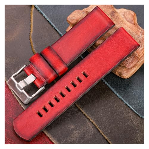 yaoqijie Handgefertigtes Rindsleder-Armband 22 mm 24 mm 26 mm Schwarz Rot Gelb Dunkelbraun Echtes Leder Uhrenarmband Damen Herren Dicker Riemen lasting(rot,24mm) von HUKILU