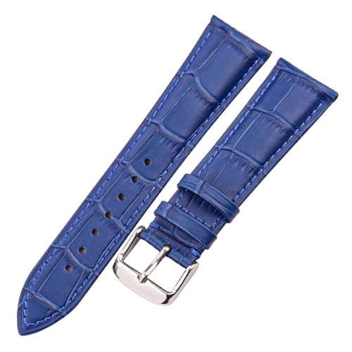 yaoqijie Rindsleder Uhrenarmband Armband Damen Herren Echtes Leder Uhrenarmband Schwarz Braun Blau Rot Krokodilleder Handschlaufe 18mm - 24mm lasting(Blue Silver Buckle,22mm) von HUKILU