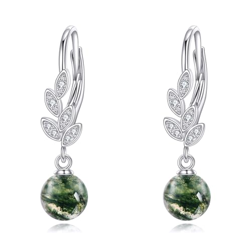9mm Moosachat Kugel Dangle Ohrringe aus Sterling Silber Echter grüner Moosachat Schmuck für Frauen. von HUKKUN