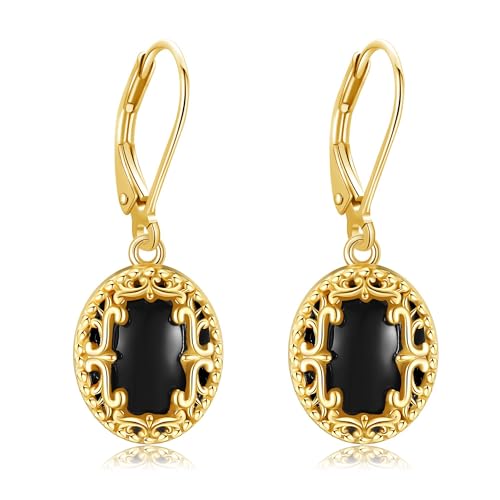 Filigrane ovale Onyx Dangle Ohrringe aus Sterlingsilber vergoldet Schwarzer Onyx Schmuckgeschenk für Frauen. von HUKKUN