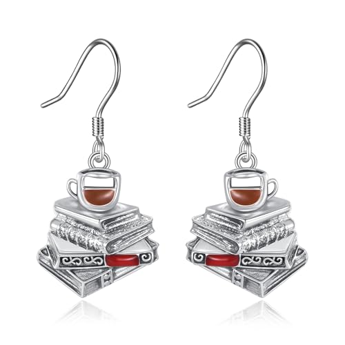 Geschenke für Buchliebhaber Sterlingsilber Buch Ohrringe Bücherschmuck Geschenke für Kaffeeliebhaberinnen von HUKKUN