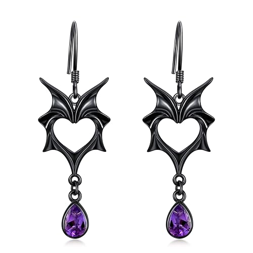 Goth Ohrringe Sterling Silber schwarz Fledermaus Flügel lila Vampir Ohrringe für Mädchen Fledermausschmuck für Frauen baumeln von HUKKUN