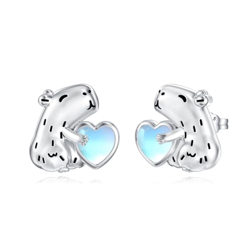 HUKKUN Capybara Ohrringe 925er Sterling Silber Mondstein Capybara Ohrstecker Niedlicher Tier Schmuck Geschenke für Frauen von HUKKUN