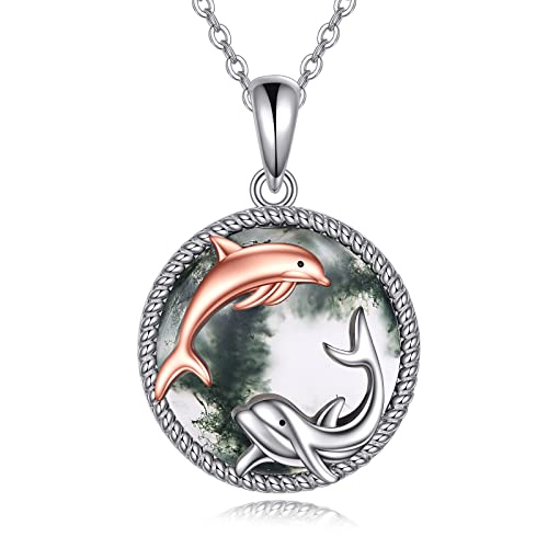 HUKKUN Delfin Kette Damen 925 Sterling Silber Moosachat Delfin Anhänger Kette Delfin Deko Schmuck Geschenke für Damen von HUKKUN