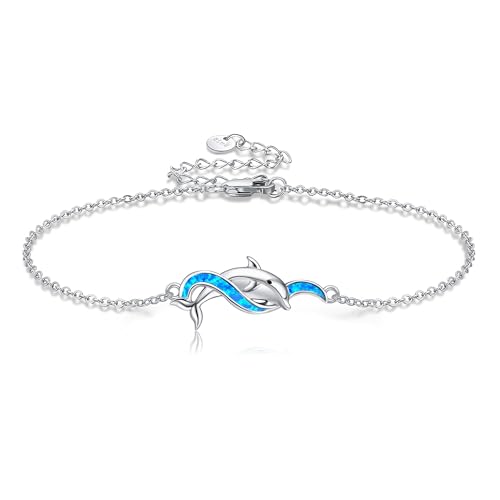 HUKKUN Delphin Fußkettchen Sterling Silber Opal Welle Delphin Link Fußkettchen Ozean Schmuck für Frauen von HUKKUN