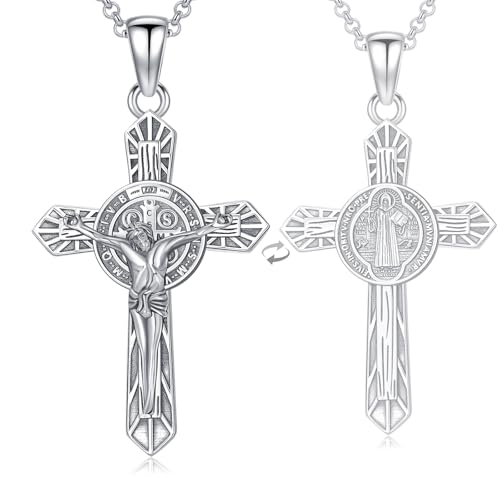 HUKKUN Halskette mit St. Benedikt Medaille aus Sterlingsilber mit St. Benedikt Kruzifix katholischer Schmuck Geschenke für Männer von HUKKUN