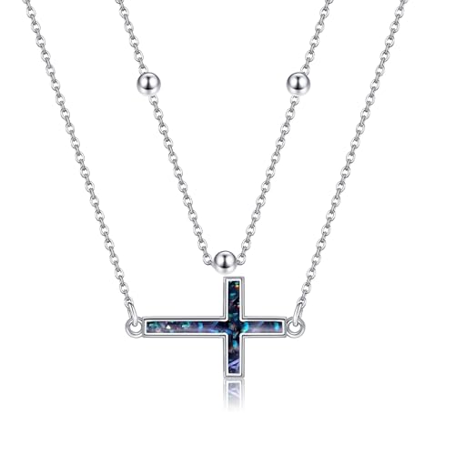 HUKKUN Layered Cross Halskette für Frauen Sterling Silber kleine Abalone Shell Sideway Kreuz Halskette Kreuz Schmuck Geschenk für Frauen von HUKKUN