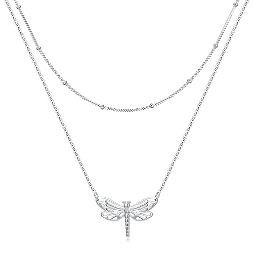 HUKKUN Libelle Doppelkette Layering Kette Damen 925 Sterling Silber Libelle Geschichtete Halskette Schmuck Geschenke für Damen von HUKKUN