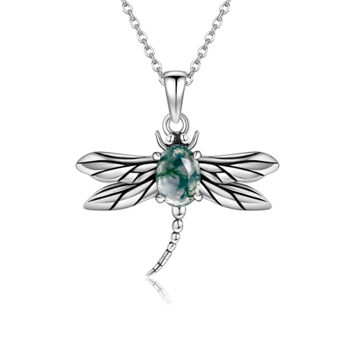 HUKKUN Libellen Halsketten Für Damen Sterling Silber Künstlicher Moosachat Libellen Anhänger Halskette Libellen Schmuck Geschenke Für Frauen von HUKKUN