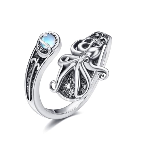 HUKKUN Oktopus Ring Sterlingsilber Mondstein Ringe Löffelring Oktopus Schmuck für Damen von HUKKUN