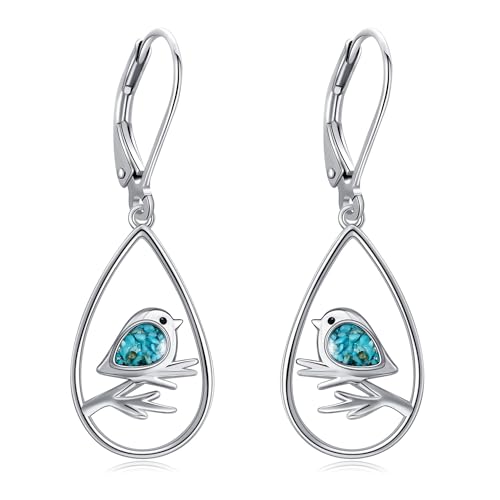 HUKKUN Sterling Silber Türkis Vogel Ohrringe - Dangle Earrings - 925 Sterling Silber - Hypoallergen - Nickel, Blei, Cadmiumfrei - Für Frauen - 20 mm - Vogel Design - Feierlicher Anlass von HUKKUN